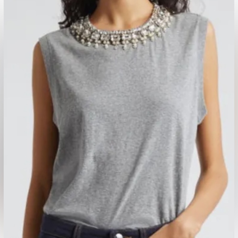 Cinq à Sept Brielle Pearl & Crystal Detail Sleeveless T-Shirt in Heather Grey
